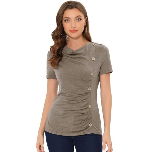 Cowl Neck Women's Short Sleeve Button Decor Ruched Casual Basic T-Shirt Brown - Picture 1 of 6